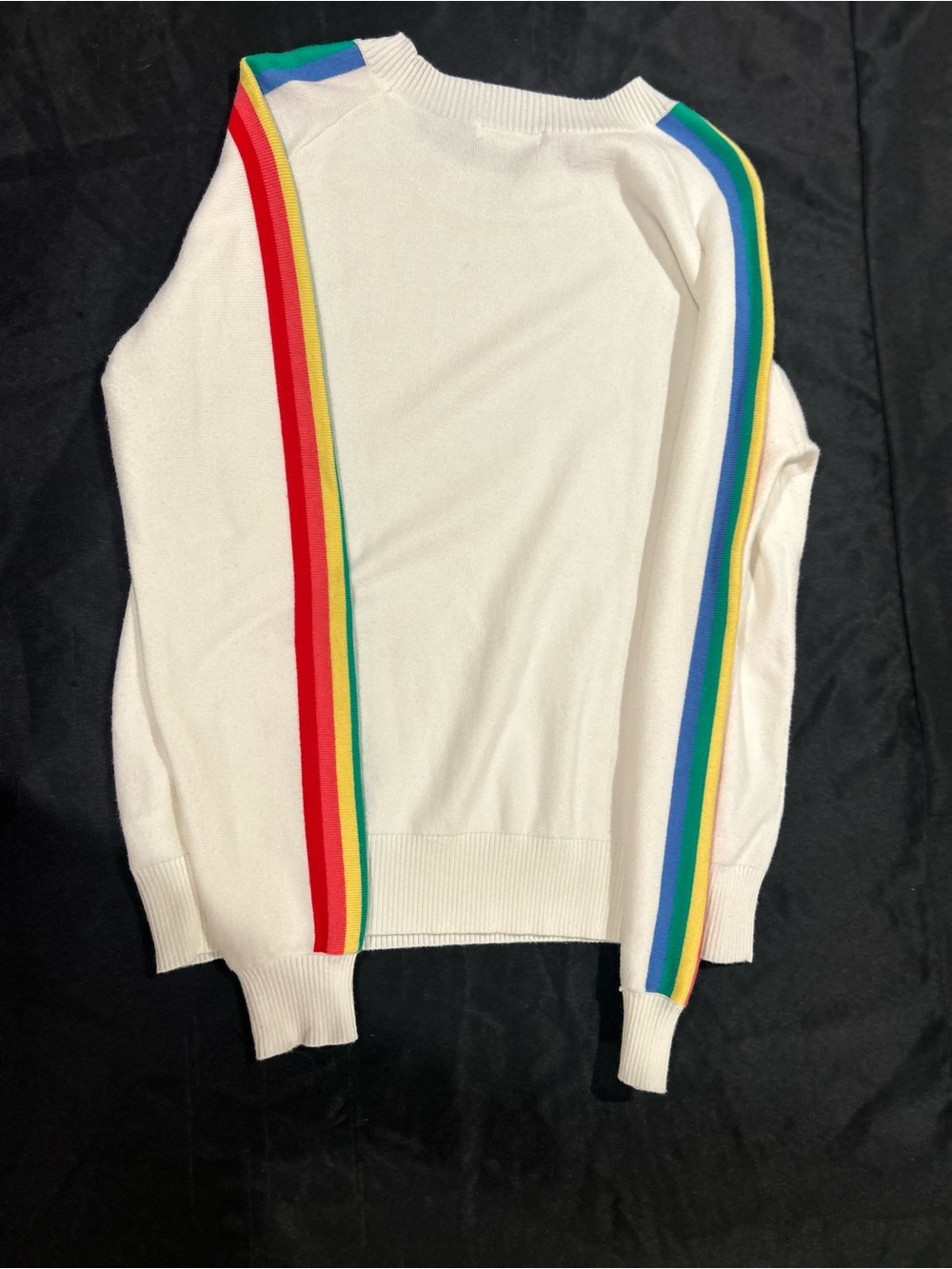 Avara White Crewneck Sweater with Rainbow  Stripes on sleeves. Medium. - Picture 2 of 5